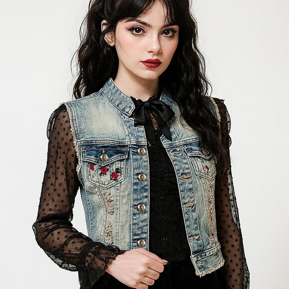 '90s Vintage Acid-Wash Rose Embroidered Destroyed Goth Denim Jeans Vest Size 6 - Picture 1 of 13